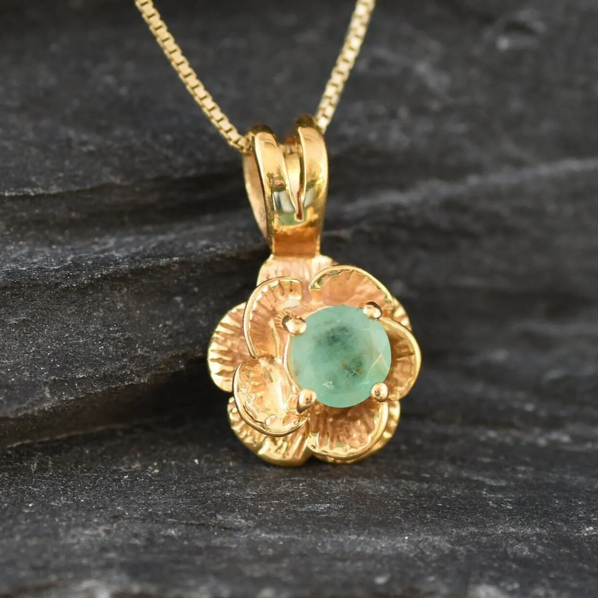 Emerald Vintage Flower Pendant, Gold Rose Necklace, Natural Emerald Pendant