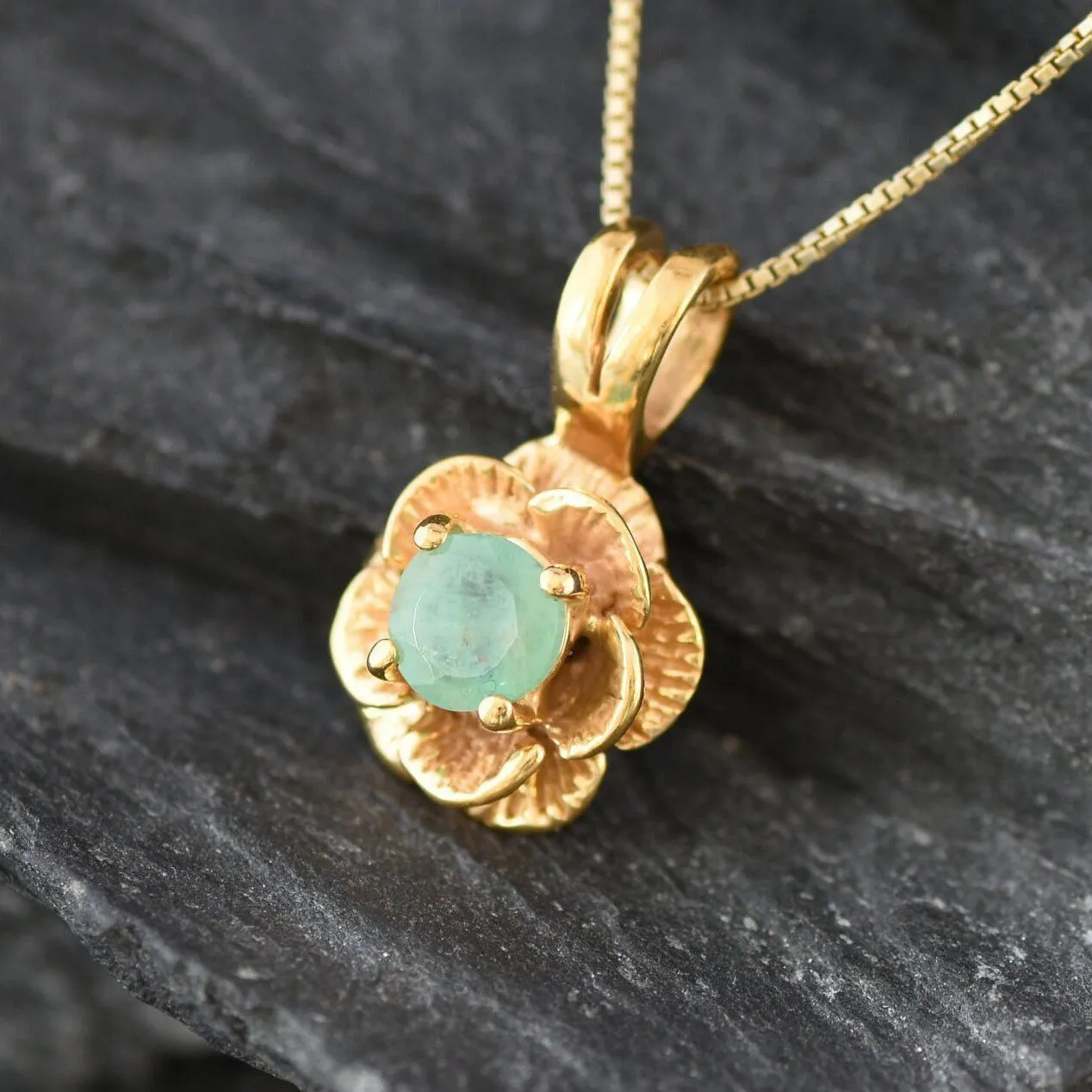 Emerald Vintage Flower Pendant, Gold Rose Necklace, Natural Emerald Pendant