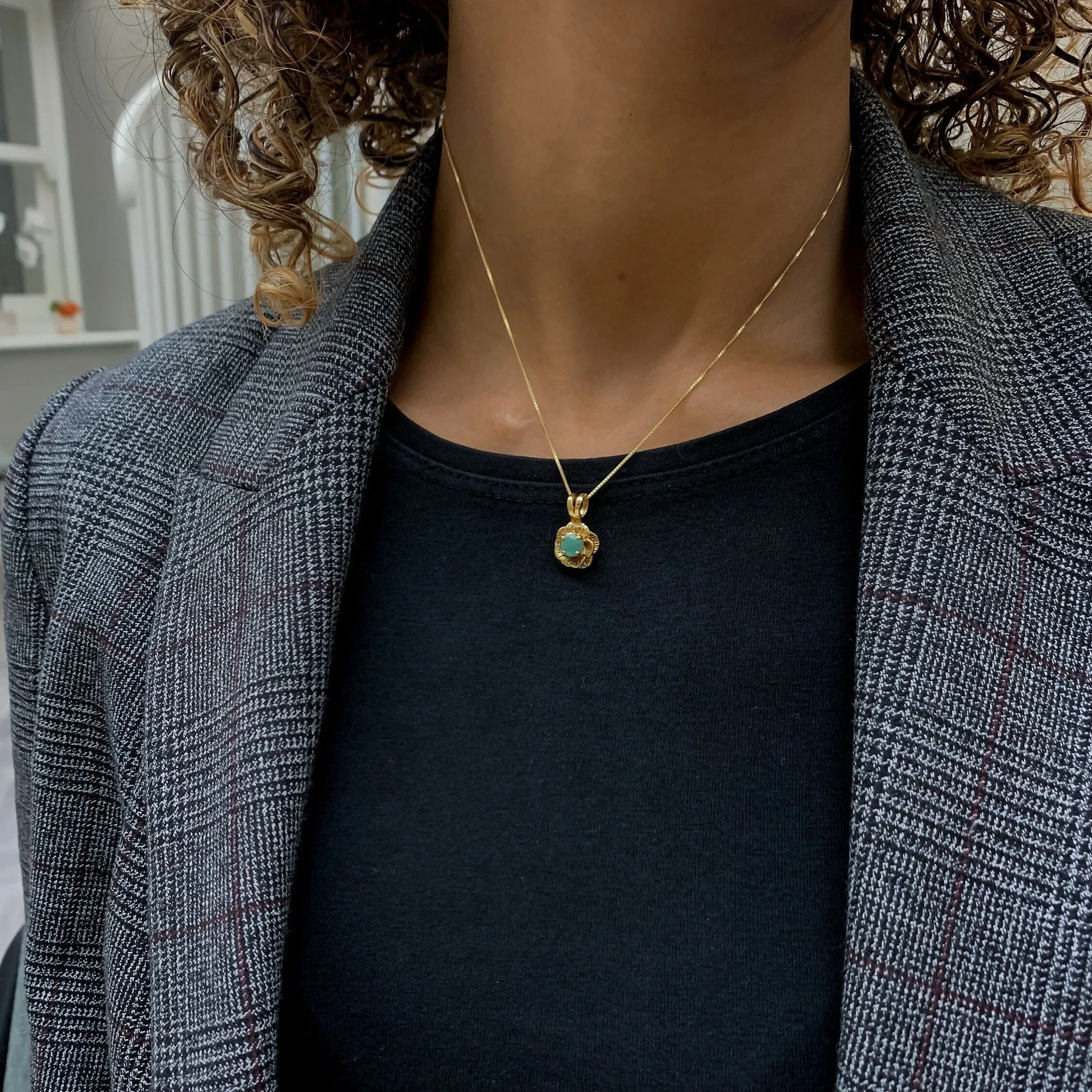 Emerald Vintage Flower Pendant, Gold Rose Necklace, Natural Emerald Pendant