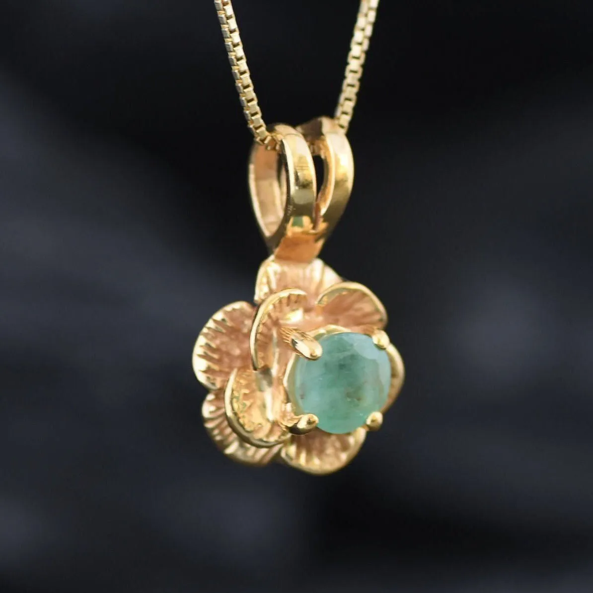 Emerald Vintage Flower Pendant, Gold Rose Necklace, Natural Emerald Pendant