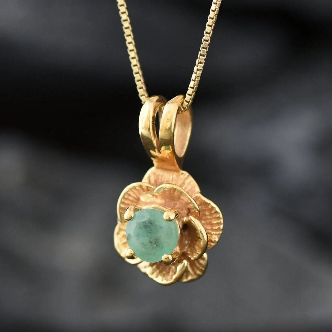 Emerald Vintage Flower Pendant, Gold Rose Necklace, Natural Emerald Pendant