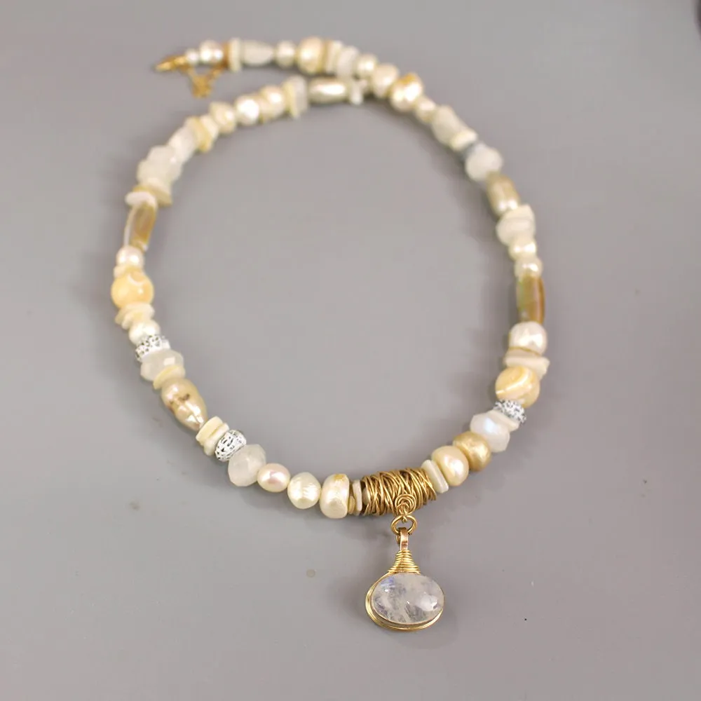 One of a Kind Moonstone Pearl Eye Necklace
