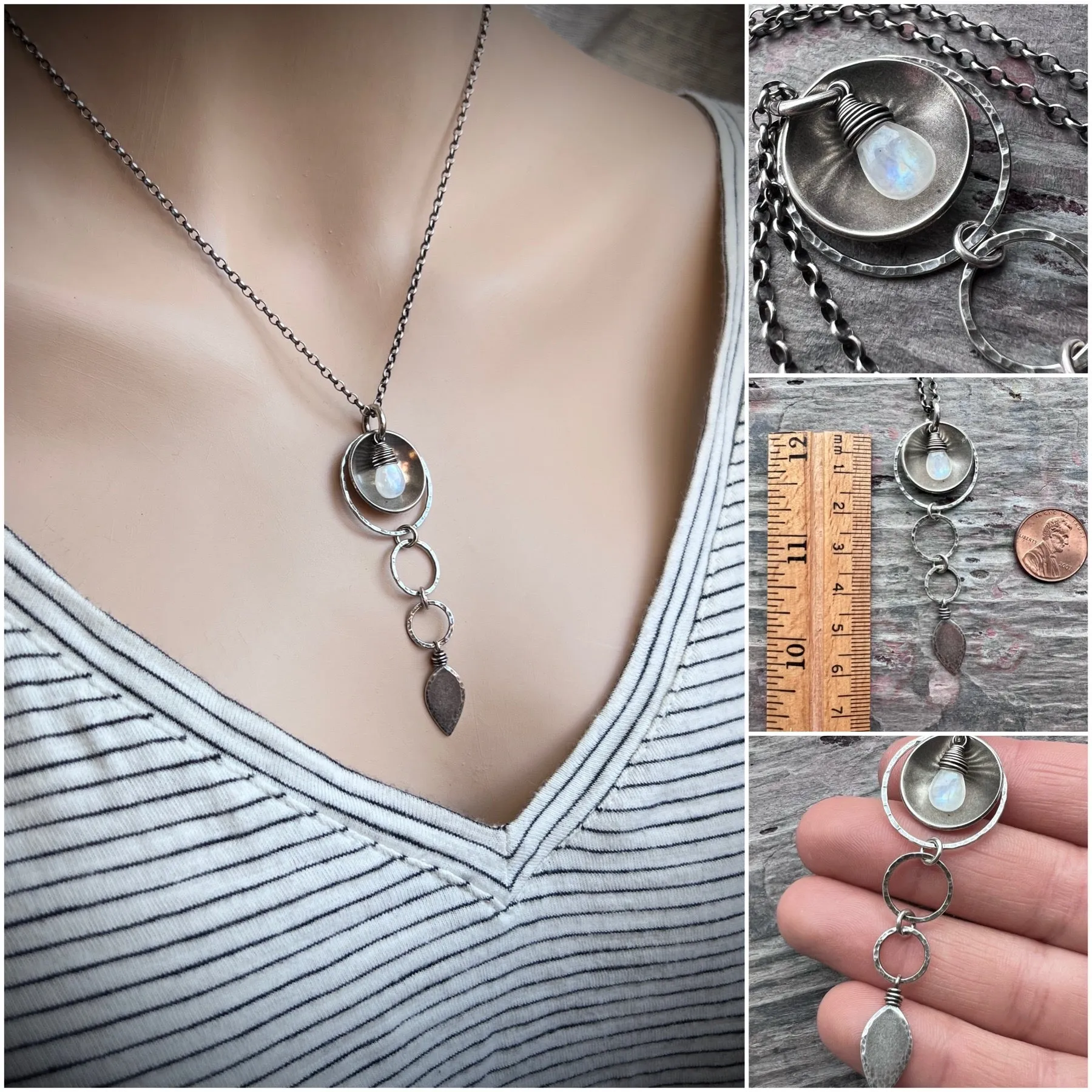 Sterling Silver Rainbow Moonstone Necklace | Hammered Silver Rings and Moonstone Pendant Necklace