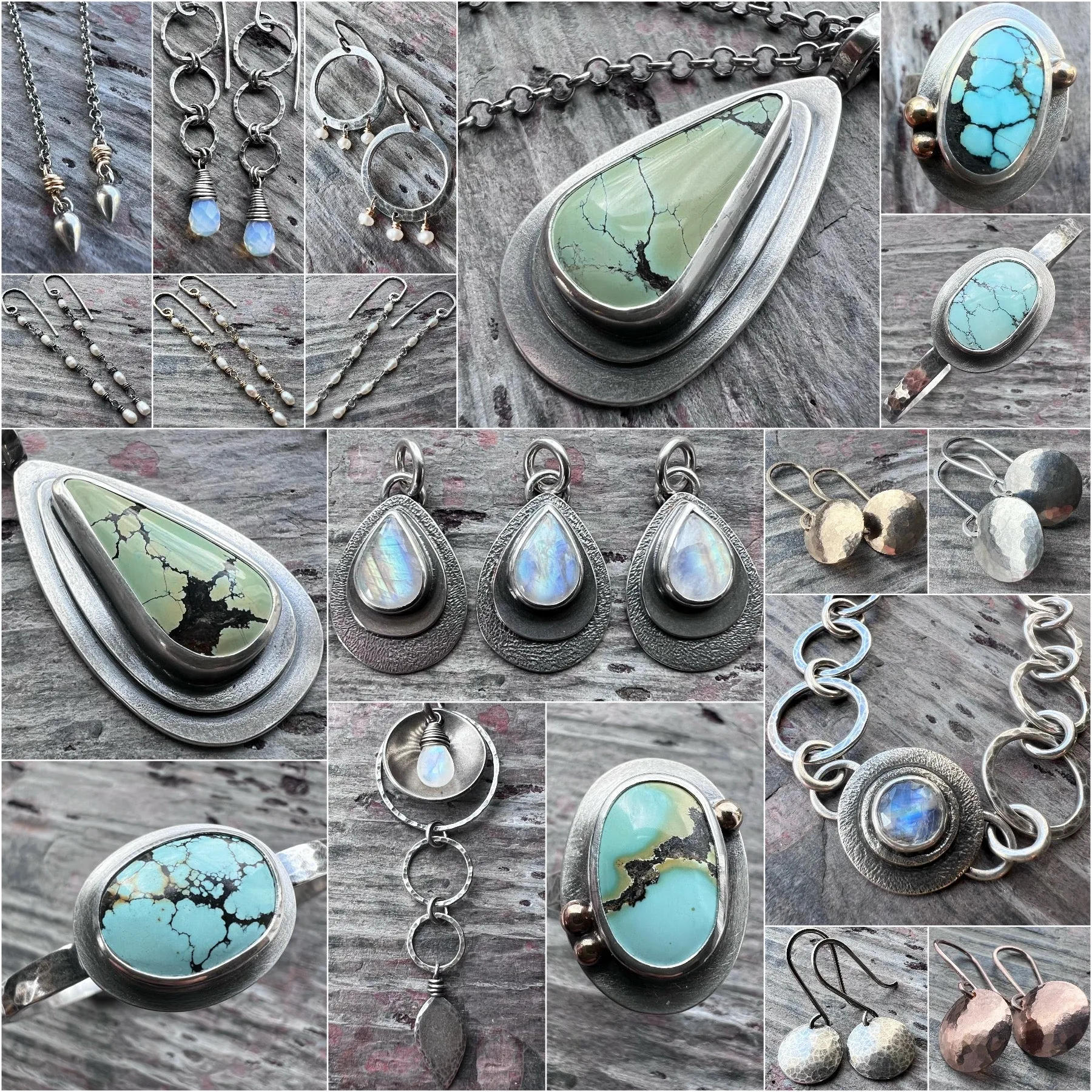 Sterling Silver Rainbow Moonstone Necklace | Hammered Silver Rings and Moonstone Pendant Necklace