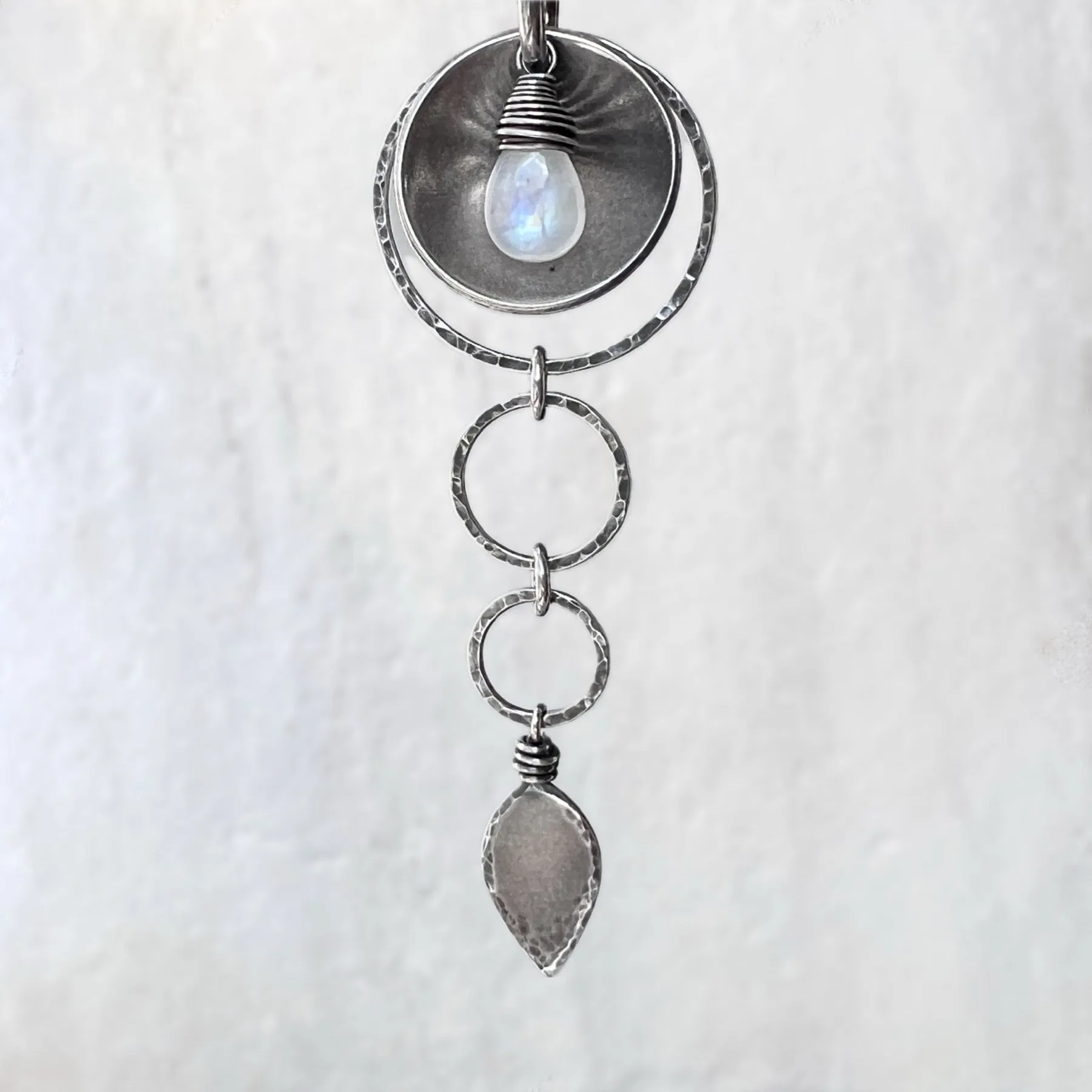 Sterling Silver Rainbow Moonstone Necklace | Hammered Silver Rings and Moonstone Pendant Necklace