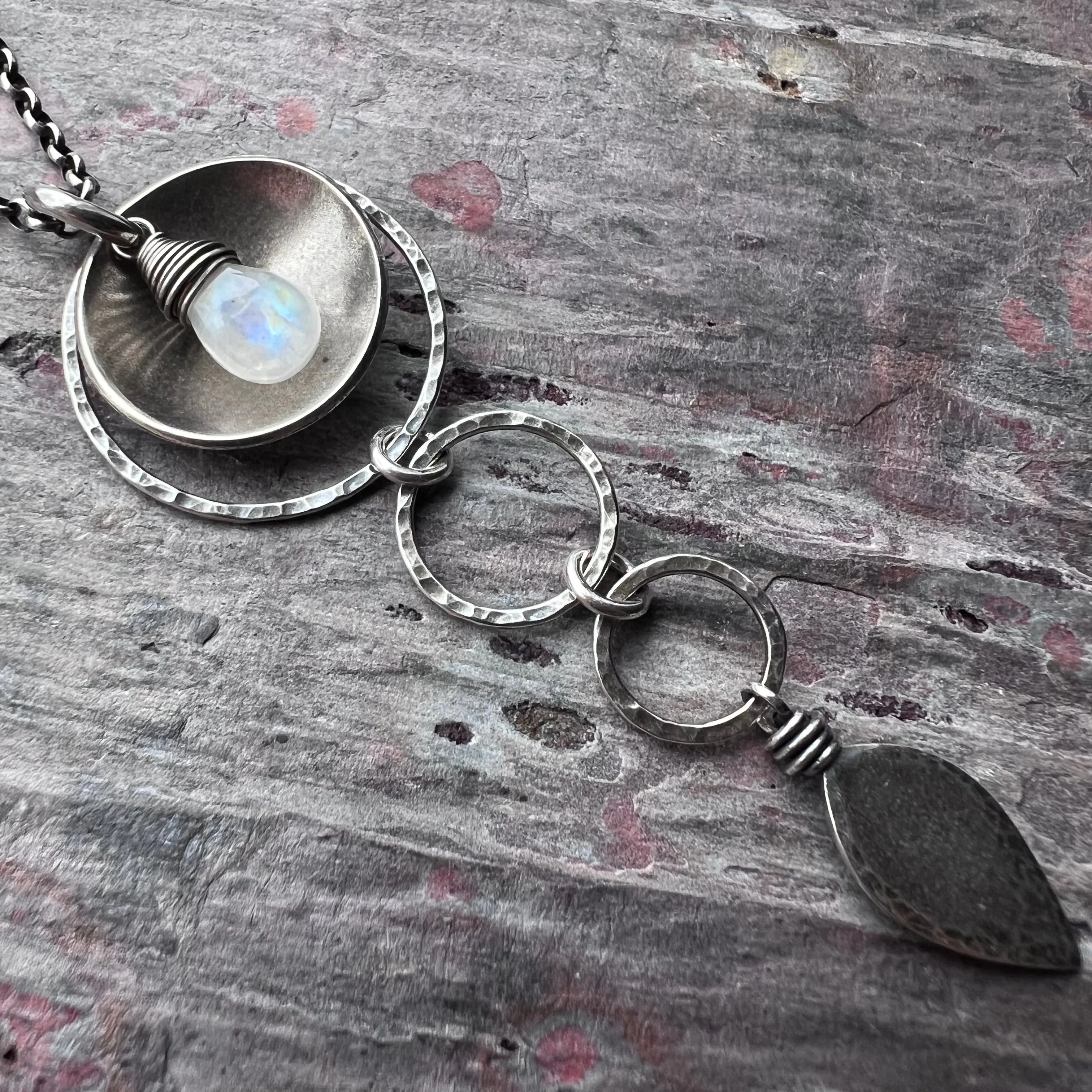 Sterling Silver Rainbow Moonstone Necklace | Hammered Silver Rings and Moonstone Pendant Necklace